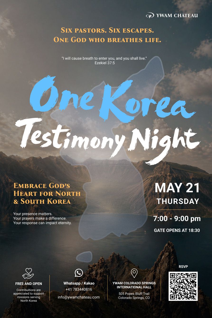 One Korea Testimony Night poster — Six pastors. Six escapes. One God who breathes life. May 21, Colorado Springs.