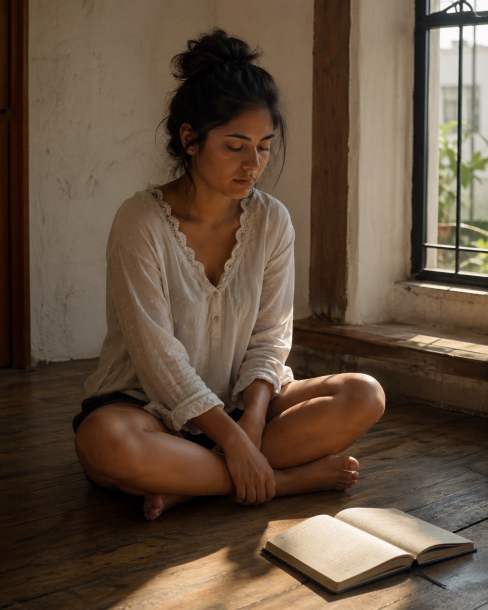 A young woman sitting in quiet prayer in morning light.