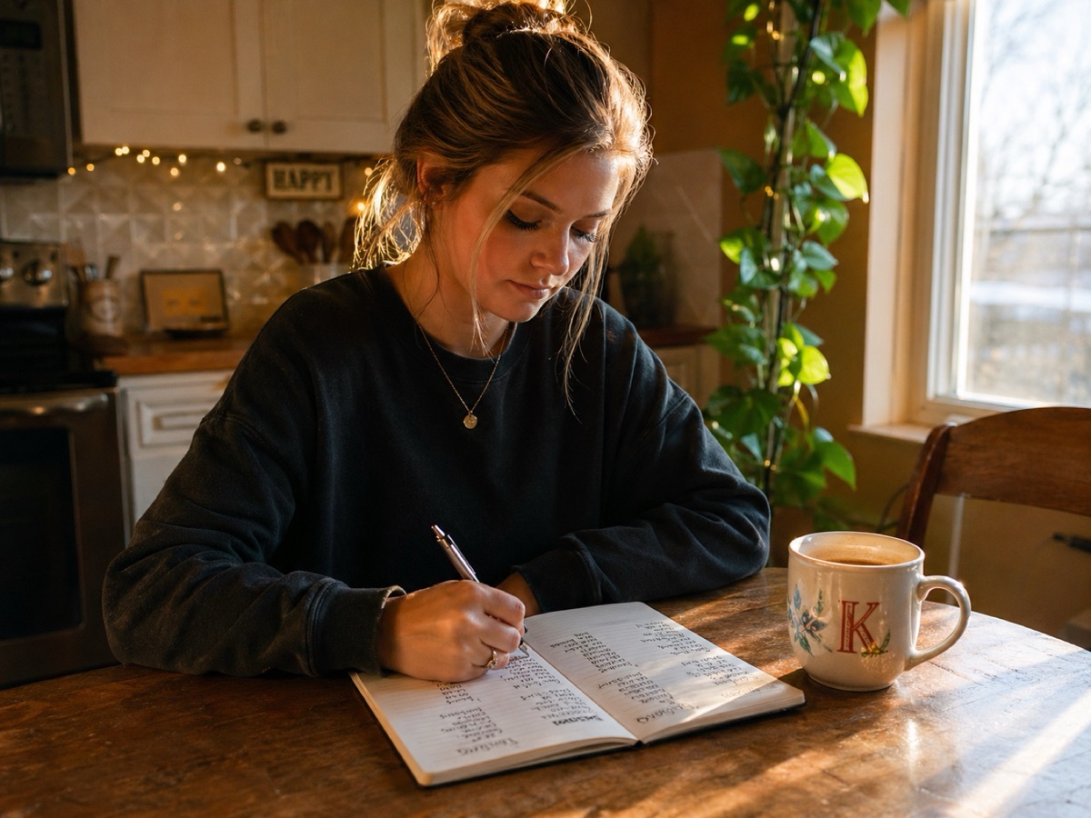 A list of names being written by hand at a kitchen table.